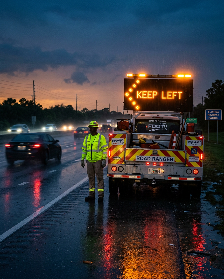 FDOT Road Ranger truck with amber warning lights on a wet Florida highway shoulder at dusk