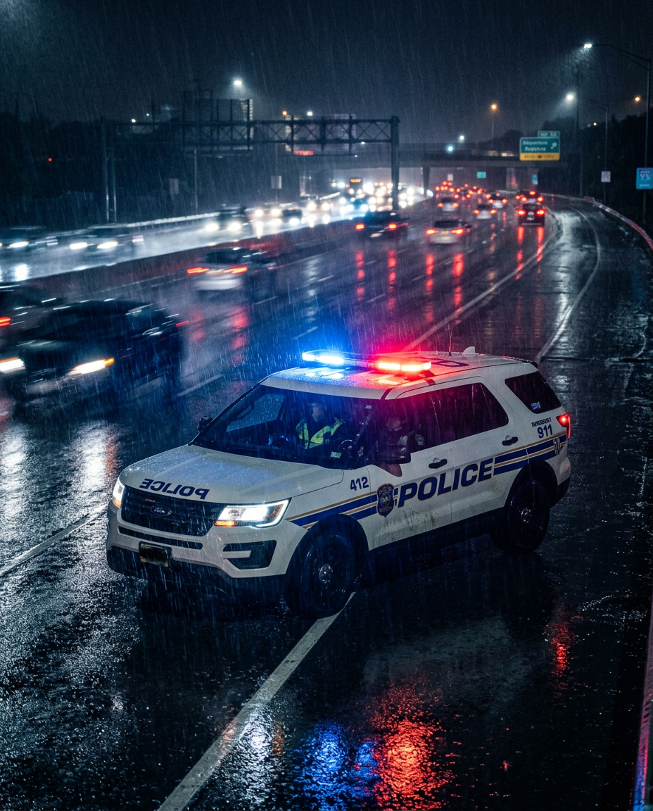 Police cruiser with emergency lights on a rain-soaked highway at night