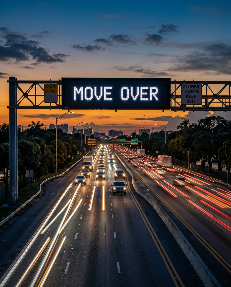 Illuminated overhead highway sign reading MOVE OVER above an interstate at dusk