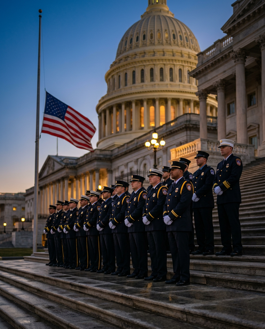 First responders standing in solemn dress-uniform formation on capitol steps at dusk